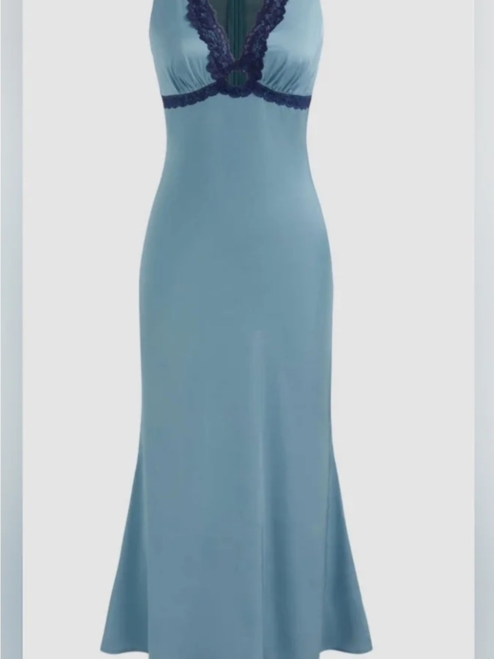 Cider Light Blue Satin Chemise with Navy Lace Trim